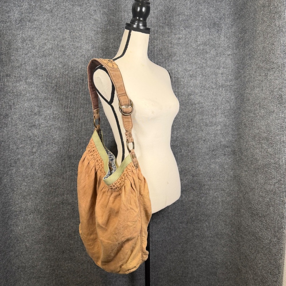 Vintage Y2K Lucky Brand Hemp Canvas Hobo Bag Slouchy Boho Floral Shoulder Purse